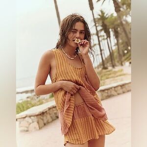 Free People Striped Matching Set Tank Top & Shorts Yellow Pink Size Large NWOT